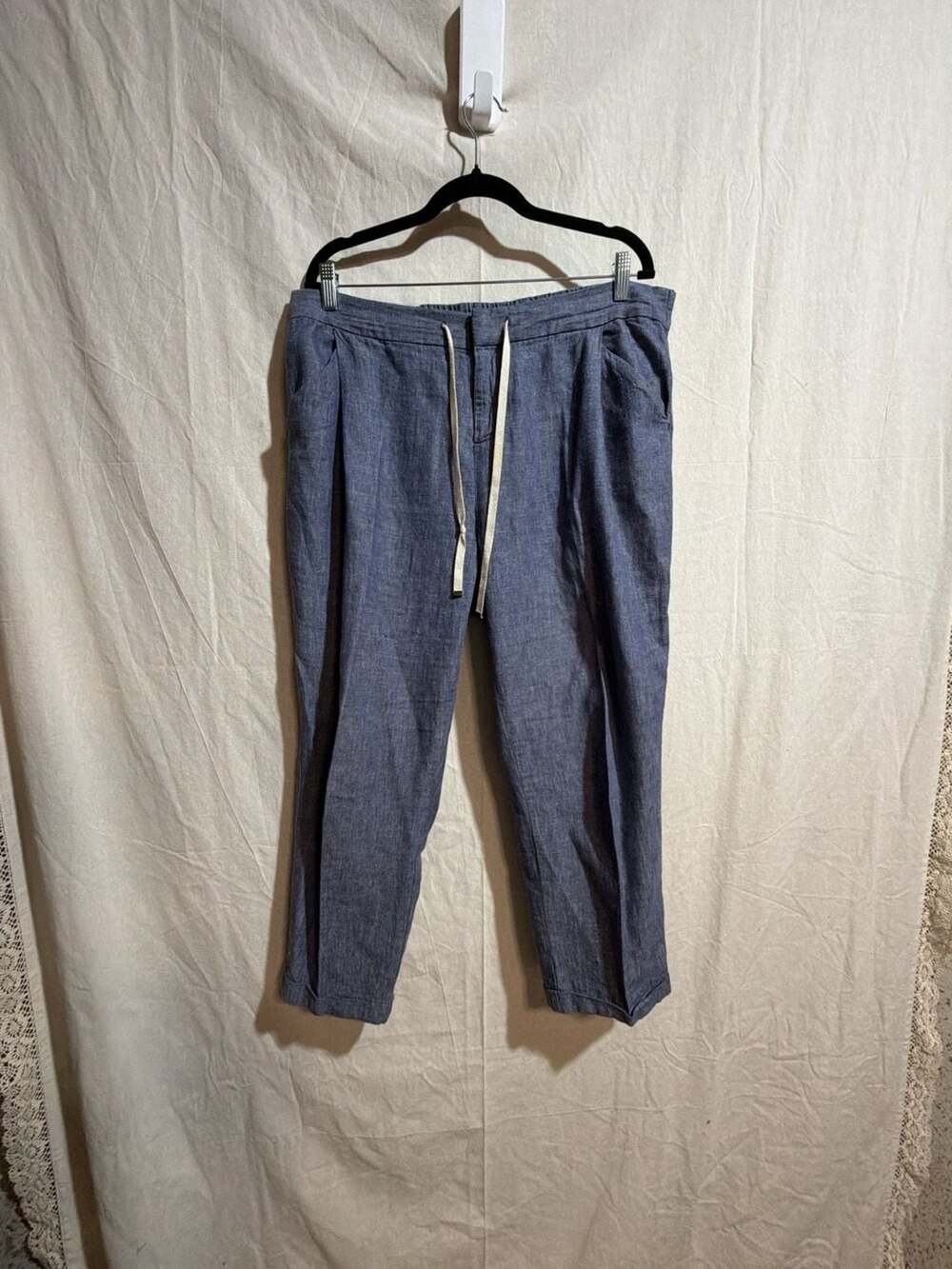Old Navy Women's Blue Herringbone Linen-Blend Drawstring Cropped Pants Size 14 R
